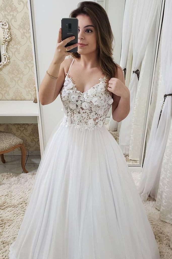 A Line Appliques Bodice Long Prom Dress, Spaghetti Strap Beach Bridal Gowns