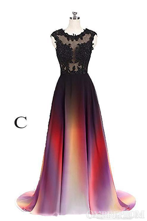 Round Neck Lace Applique Top Chiffon Black & Red Ombre Prom Formal Dresses