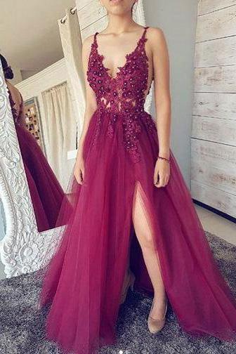 A Line Spaghetti-straps Backless Illusion Lace Tulle Prom Dress With Slit