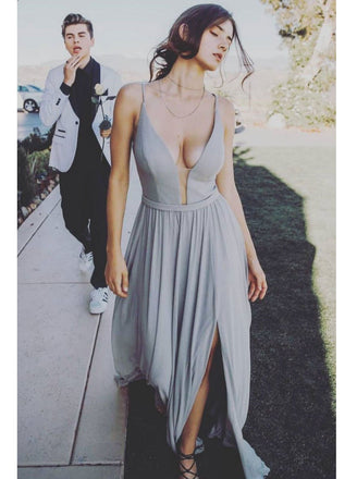 a-line spaghetti-straps plunging v-neck long prom dress with split dtp385