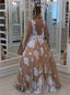 A Line Tulle Illusion Back Lace Appliques Long Prom Dress With Pearls