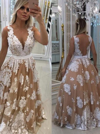 A Line Tulle Illusion Back Lace Appliques Long Prom Dress With Pearls