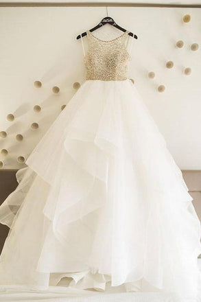Princess Bateau Backless Wedding Dress, A Line Tulle Long Prom Dress