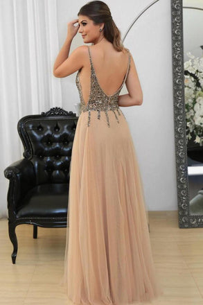 A Line Tulle V-neck Beaded Bodice Backless Prom Evening Dress
