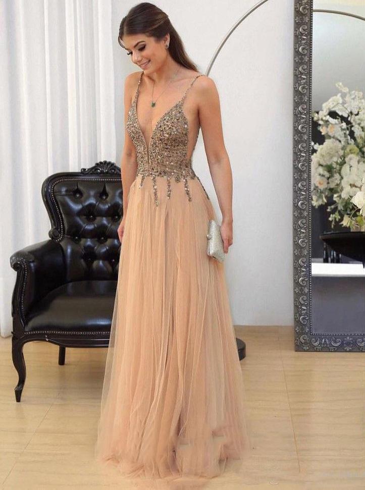 a-line tulle v-neck beaded bodice backless prom evening dress dtp391