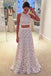 A Line Two Piece Lace Long Prom Dress Round Neck Floor-Length