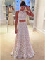 A Line Two Piece Lace Long Prom Dress Round Neck Floor-Length