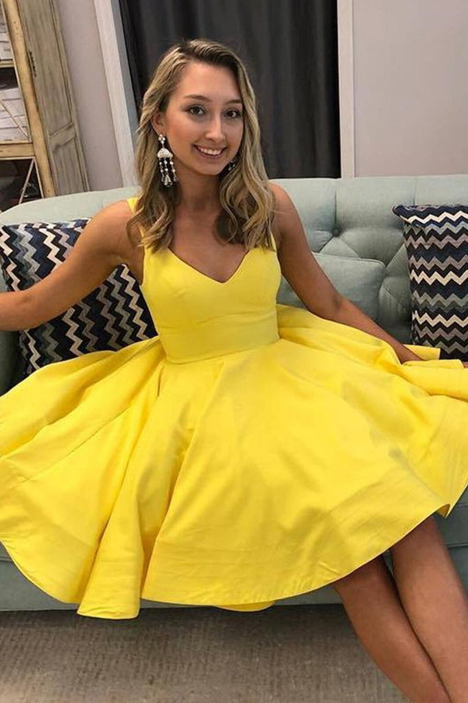 a-line v neck short prom dress simple yellow homecoming party dresses dth24
