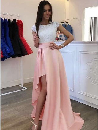 cap sleeves round neck lace bodice asymmetry pink satin prom dress dtp234