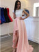 cap sleeves round neck lace bodice asymmetry pink satin prom dress dtp234