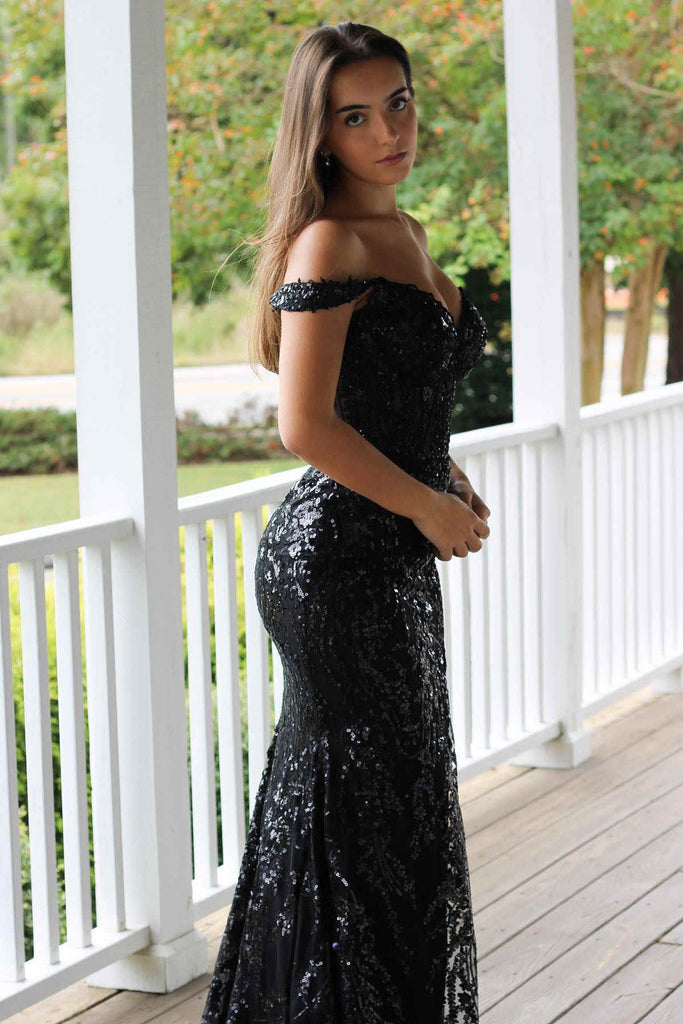 Off the Shoulder Gold Sequins Prom Dress Mermaid Evening Dress With S DressTok