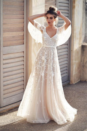Backless Beach Wedding Dress With Applique, Draped Sleeves A-Line Bridal Gown