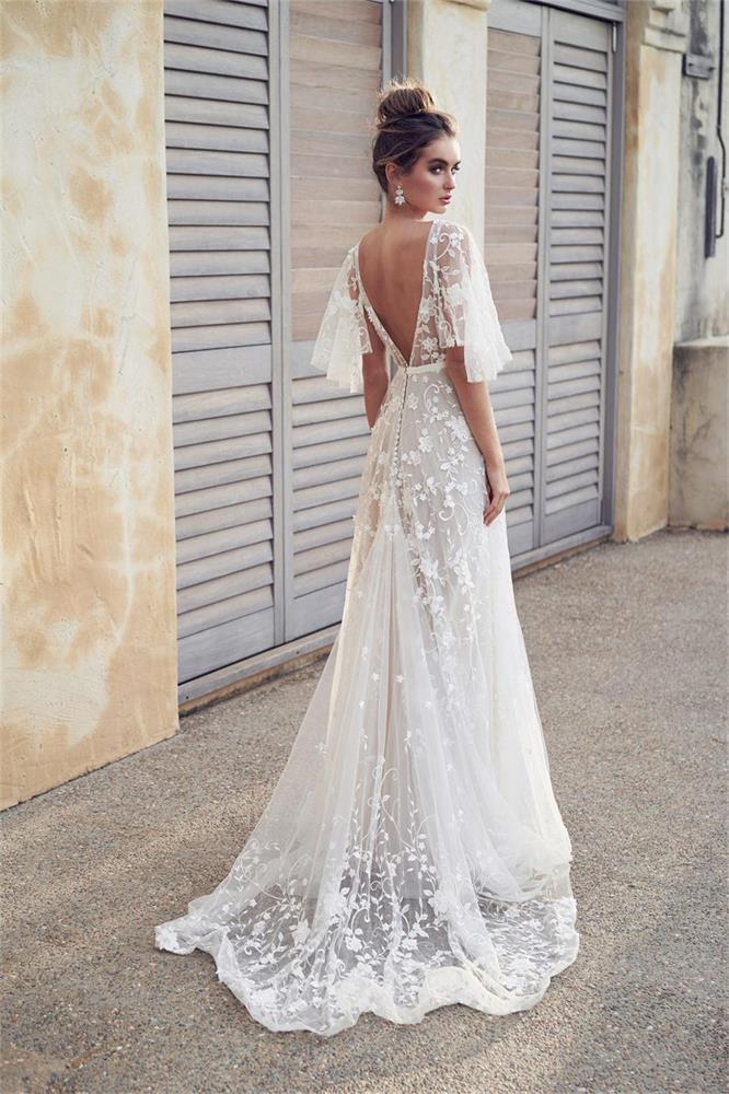 Backless Beach Wedding Dress With Applique, Draped Sleeves A-Line Bridal Gown