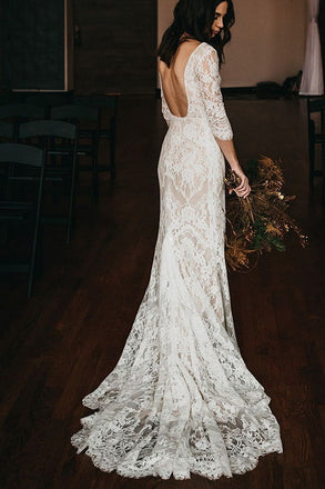 Backless Mermaid Rustic Lace Wedding Dress With Long Sleeves