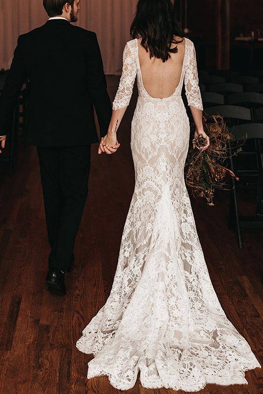 Backless Mermaid Rustic Lace Wedding Dress With Long Sleeves