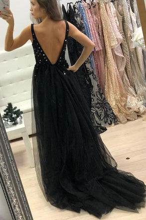 Backless Black Long Prom Dress Sequins Beaded A-Line V-neck Tulle with Split