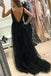 Backless Black Long Prom Dress Sequins Beaded A-Line V-neck Tulle with Split