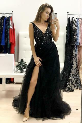 Backless Black Long Prom Dress Sequins Beaded A Line V neck Tulle