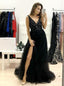 Backless Black Long Prom Dress Sequins Beaded A-Line V-neck Tulle with Split