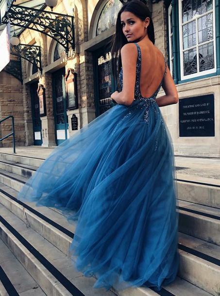 backless blue a-line v-neck tulle long prom dress with beading dtp373