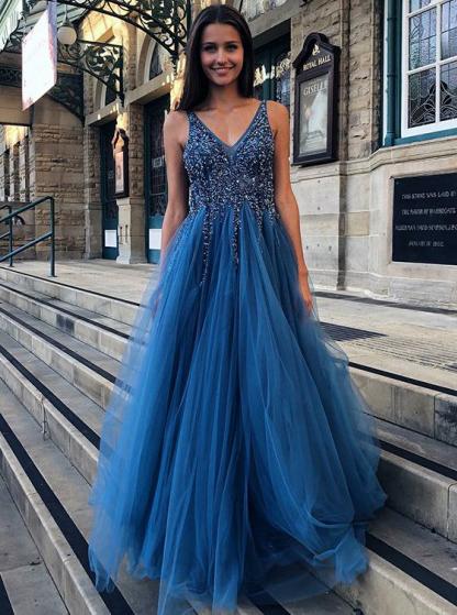 Backless Blue A-Line V-neck Tulle Long Prom Dress with Beading