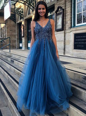 Backless Blue A-Line V-neck Tulle Long Prom Dress with Beading