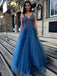 Backless Blue A-Line V-neck Tulle Long Prom Dress with Beading