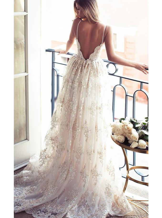 A-line Spaghetti Straps Lace Backless Long Wedding Dress