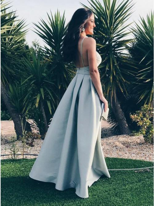 Spaghetti Straps Backless Light Blue Satin Long Prom Dress DTP238