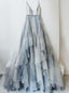 Backless Spaghetti Straps V-neck Printed Ombre Ruffles Chiffon Long Prom Dress