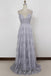 a-line v-neck backless tulle grey long prom dresses with appliques dtp522