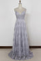 A-line V-neck Backless Tulle Grey Long Prom Dresses with Appliques