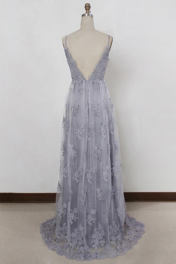 A-line V-neck Backless Tulle Grey Long Prom Dresses with Appliques