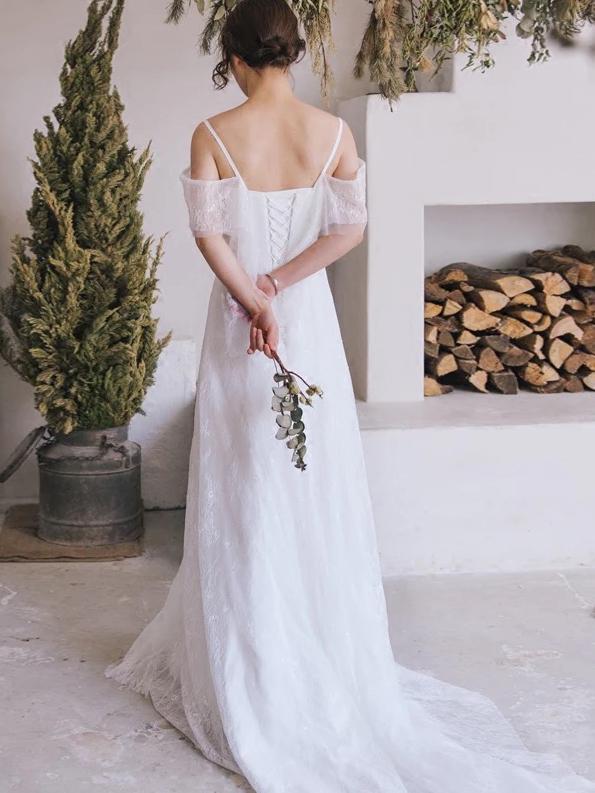 Spaghetti straps Drop Sleeves Boho Beach Maternity Bridal Gown
