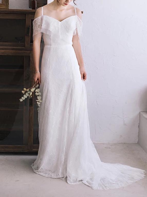 spaghetti-straps drop sleeves boho beach maternity bridal gown dtw118