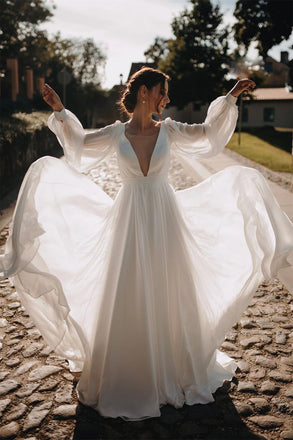 Beautiful Chiffon Wedding Gown Long Puff Sleeves Beach Wedding Dress DTW440