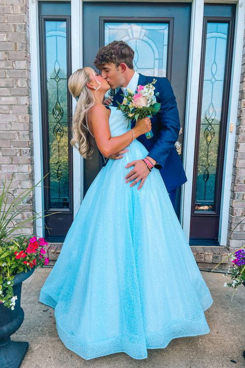Beautiful Sky Blue Sparkly Long Prom Dress, Spaghetti Straps A-line Formal Gown