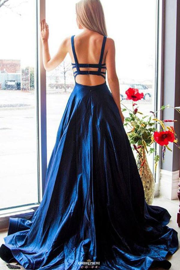 Beautiful Open Back Royal Blue Prom Dress Long Satin Formal Gown