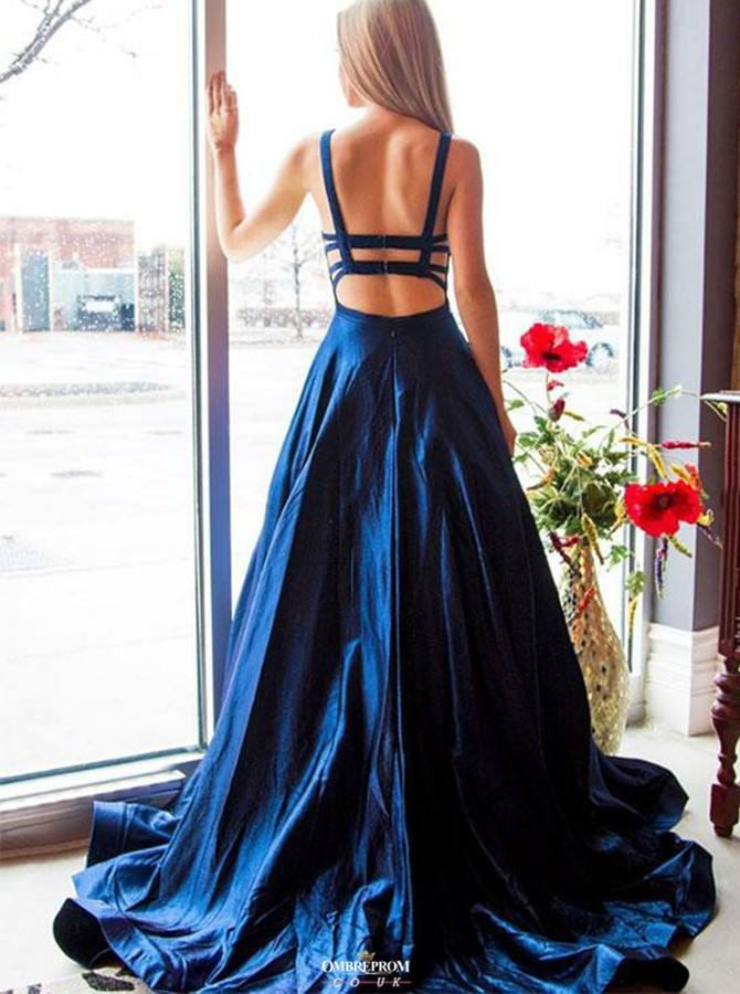 beautiful open back royal blue prom dress long satin formal gown dtp564