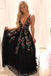 Black Lace Floral Embroidery Long Prom Dress A Line V-neck Backless Formal Gown