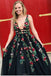black lace floral embroidery long prom dress a-line v-neck backless formal gown dtp559