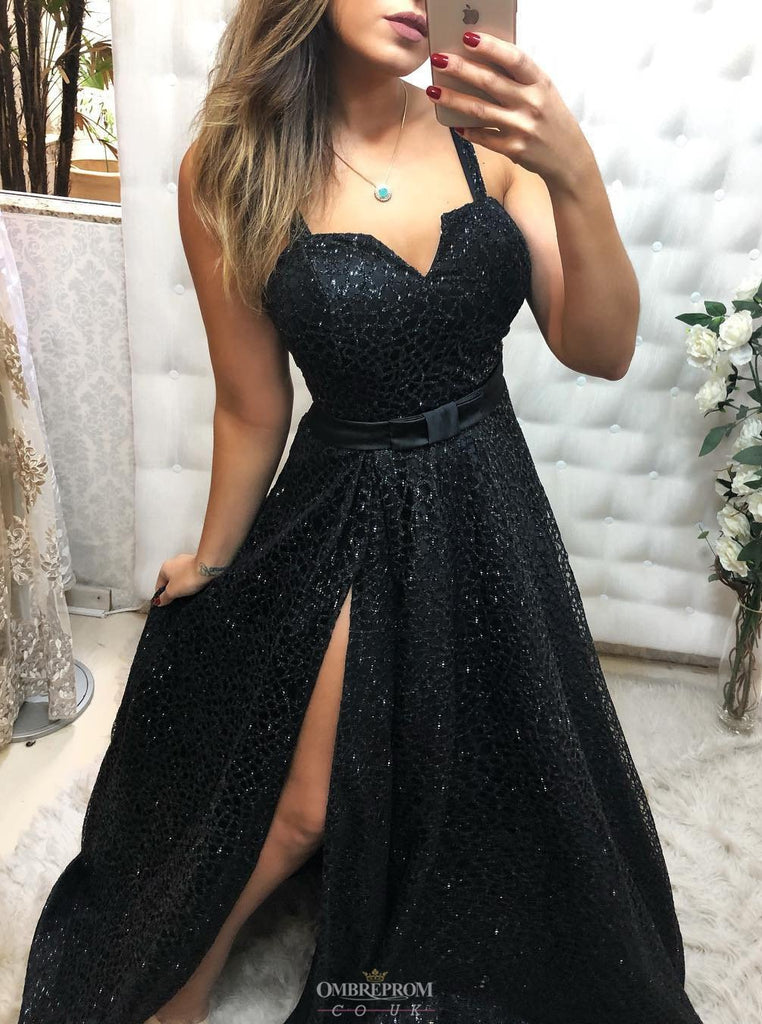black lace prom dress uk Black Evening Gown Black Lace Long Prom Dress With Slit DTP582 – DressTok.co.uk