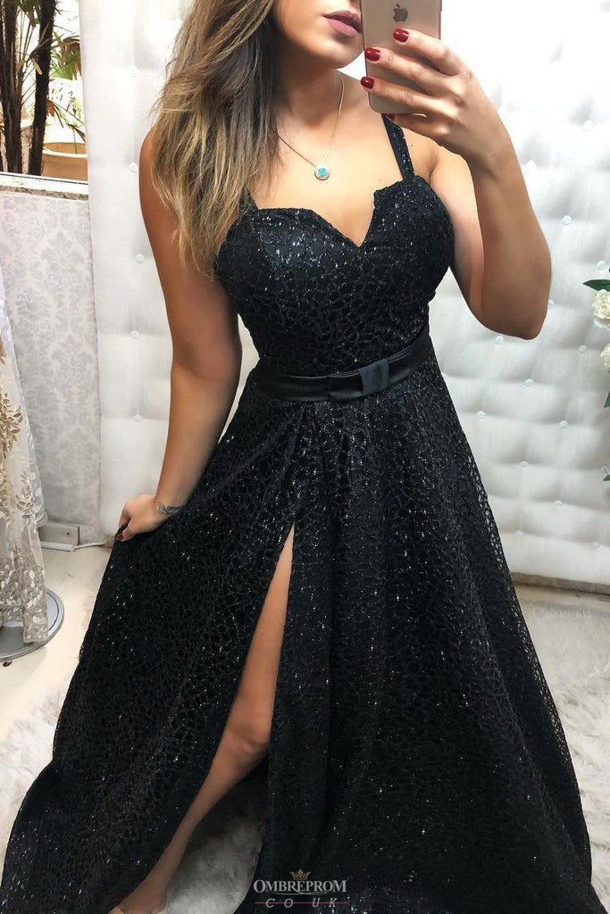 Black Lace Long Prom Dress With Slit, Black Evening Gown