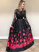 Black Lace Long Sleeves Prom Dress Two Piece With Floral Print