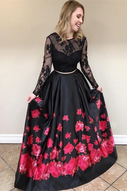 black lace long sleeves prom dress two piece with floral print dtp609