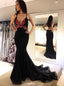 Black Lace Mermaid Prom Dresses V-neck Backless Evening Gown