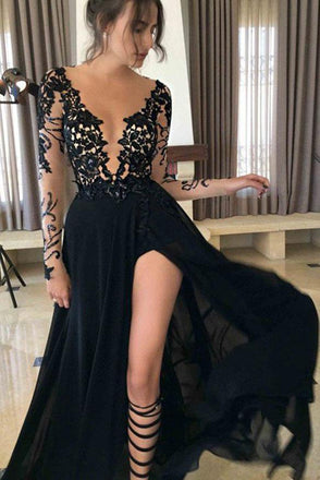 Black Long Prom Dress Long Sleeves Lace Appliques With Slit