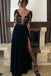 Black Long Prom Dress Long Sleeves Lace Appliques With Slit