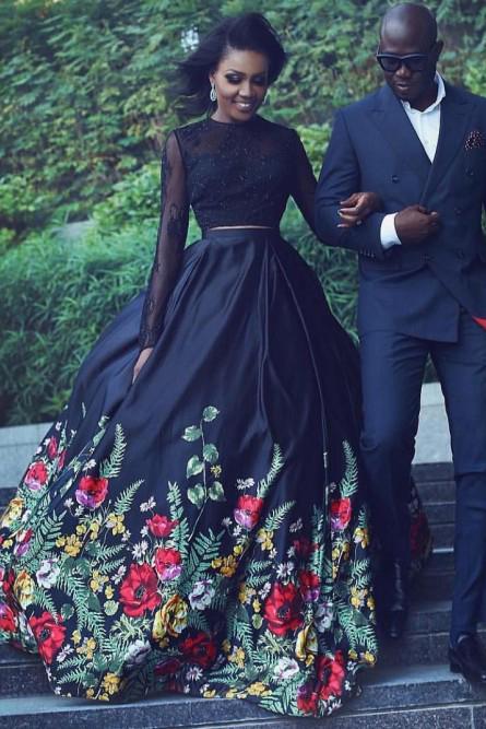 Black Two Piece Lace Long Sleeves Floral Prom Dress Keyhole Back