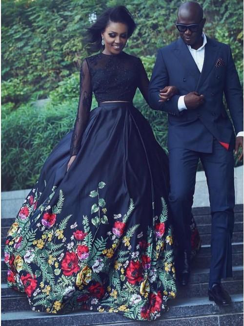 black floral prom dress Black Two Piece Lace Long Sleeves Floral Prom Dress Keyhole Back DTP422 – DressTok.co.uk